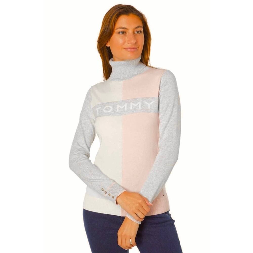 Tommy Hilfiger Stella Turtleneck Colorblock Sweater Grey White Powder Pink Large